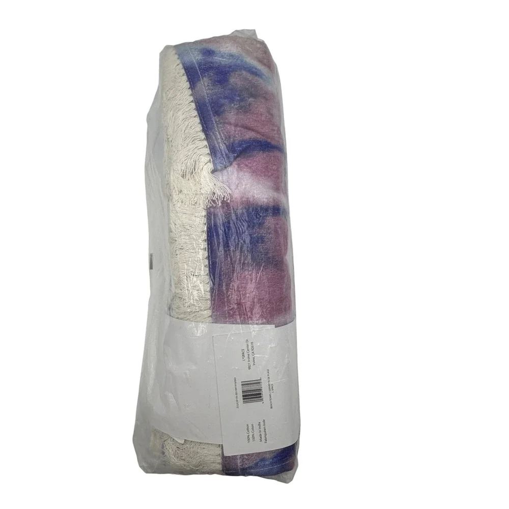 L*Space Beach Towel Tie Dye Purple Blue Cotton Fringe‎ NEW